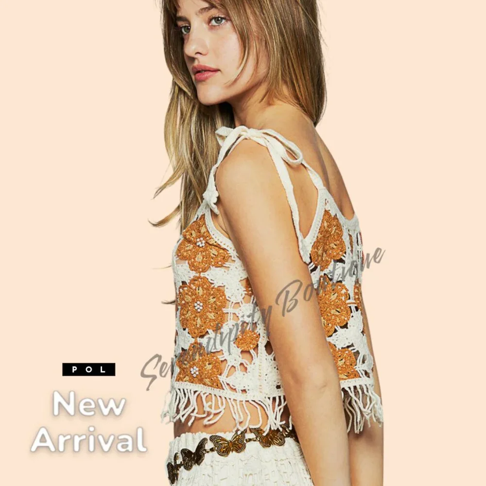 POL Cami Crochet Fringe Tie Strap Boho Crop Top - Picture 2 of 10